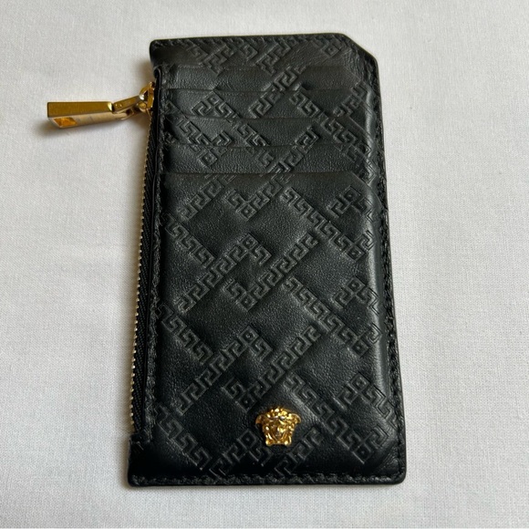 Versace Handbags - •Versace Black Leather Embossed La Grecca Medusa Cards Holder Zip Coins Wallet